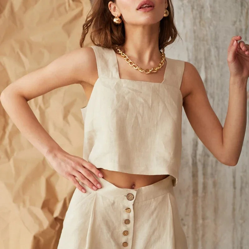 Summer De Clothing - Винтажный хлопково-льняной женский топ без рукавов,